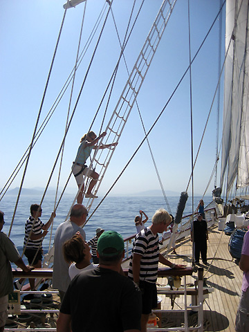 Deb Roskamp climbing the mast of the Star Clipper