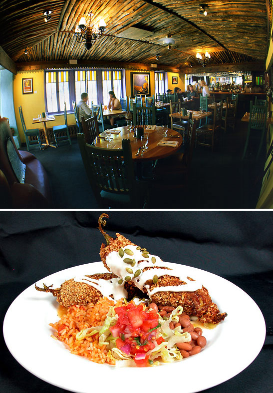 top: Taos Inn; bottom: award-winning green chili Taos Inn