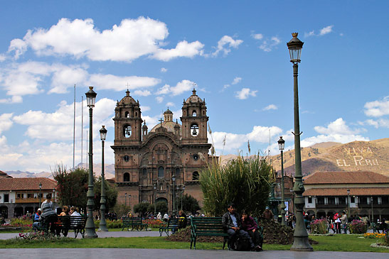 the Plaza de Armas in Cusco with cathedral in the background