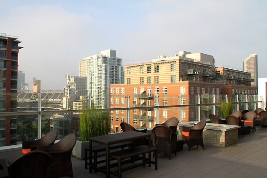 the Phi Bar Terrace at the Hotel Indigo with a view of PETCO Park on the left