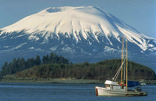 Mt. Edgecumbe and fishing boat in the foreground