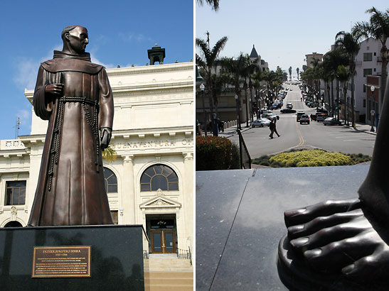 Left: view from the Ventura City Hall; Right: statue of Father Junipero Serra in front of Ventura City Hall