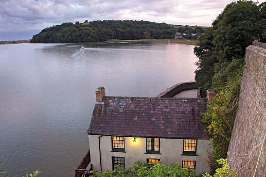 The Boathouse overlooking the River Taf Estuary in Laugharne, SW Wales, where Dylan Thomas once lived