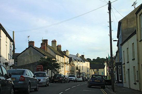 street scene at dusk in Laugharne, SW Wales