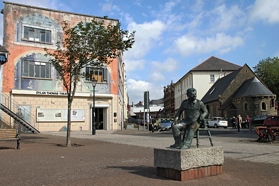 statue of Dylan Thomas at a plaza near the Dylan Thomas Centre, the Maritime Cultural Quarter, Swansea