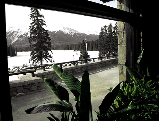 winter view of Jasper National Park from Fairmont Jasper Park Lodge