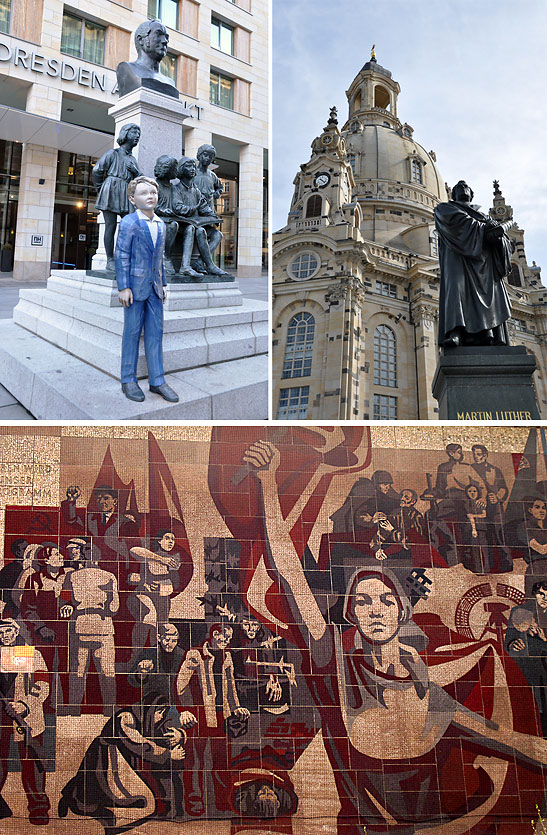 scenes from Dresden: memorial to Julius Otto, a statue of Martin Luther and the 1969 The Way of the Red Flag