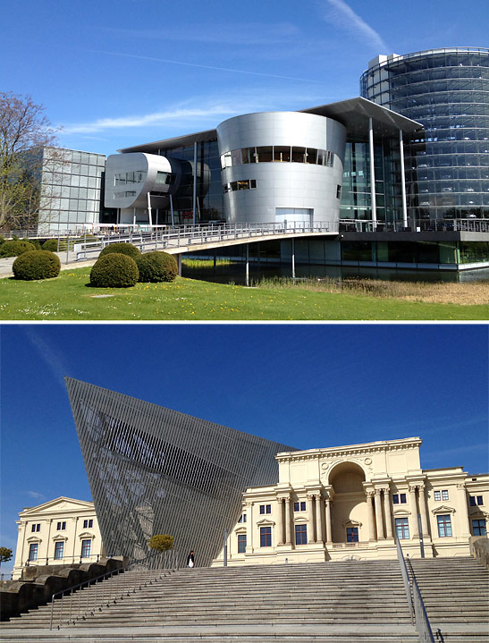 Volkswagen 's glass-fronted factory in a park and the Military History Museum, Dresden