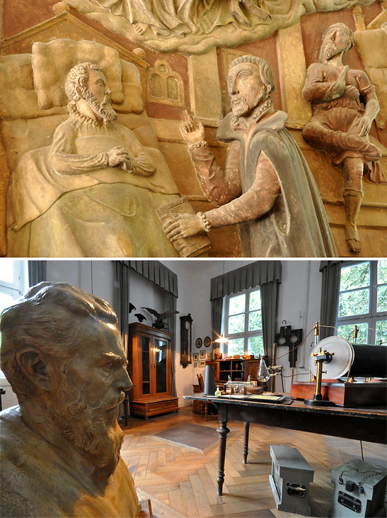 stone  carving on the wall of the Juliusspital wine estate showing a priest giving the Last Sacrament to a patient; a bust of X-ray discoverer Wilhelm Conrad Roentgen
