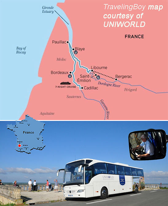 location map of Bordeaux and one of Uniworld's impressive coaches