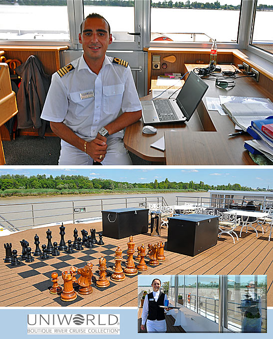 River Royale's Captain Ludovic Mercier and the sundeck; inset shows cabin attendant with drink