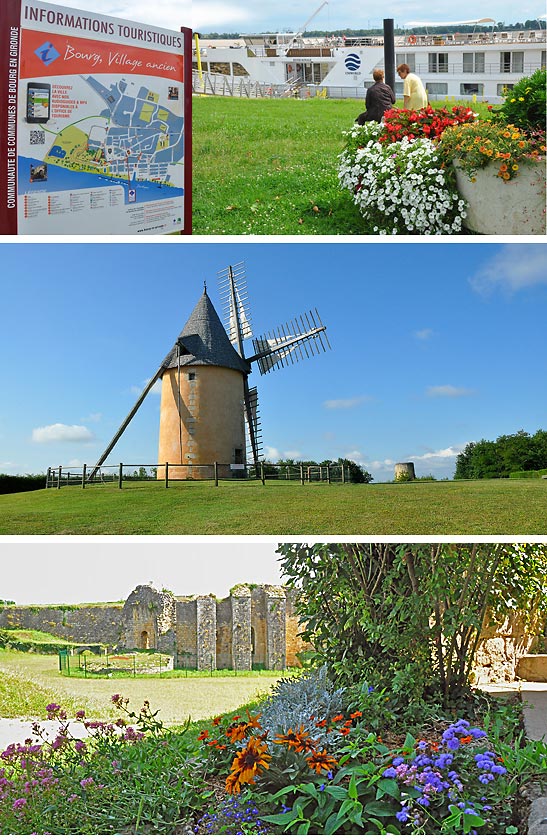 scene from Bourg: the River Royale at Bourg, historic windmills and Blaye Fortress