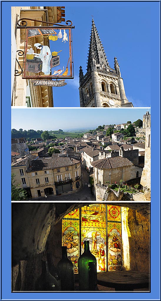 scenes from St. Emilion including the interior of the rock church of Saint Emilion