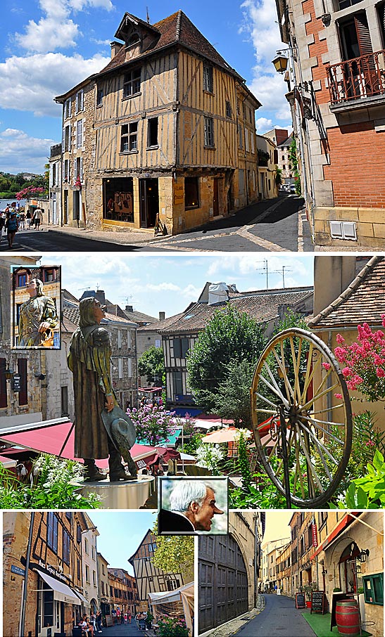 scenes from Bergerac including its canting and half-timbered buildings and portrayals of Cyrano