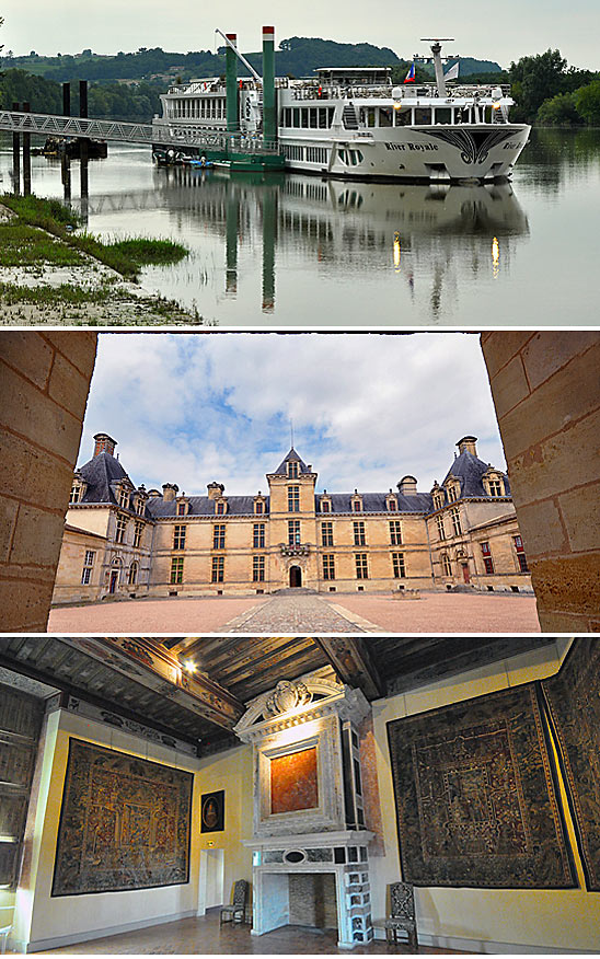 the River Royale at Cadillac, the town's castle and the interior of the palace's apartments showing hanging tapestries and a fireplace