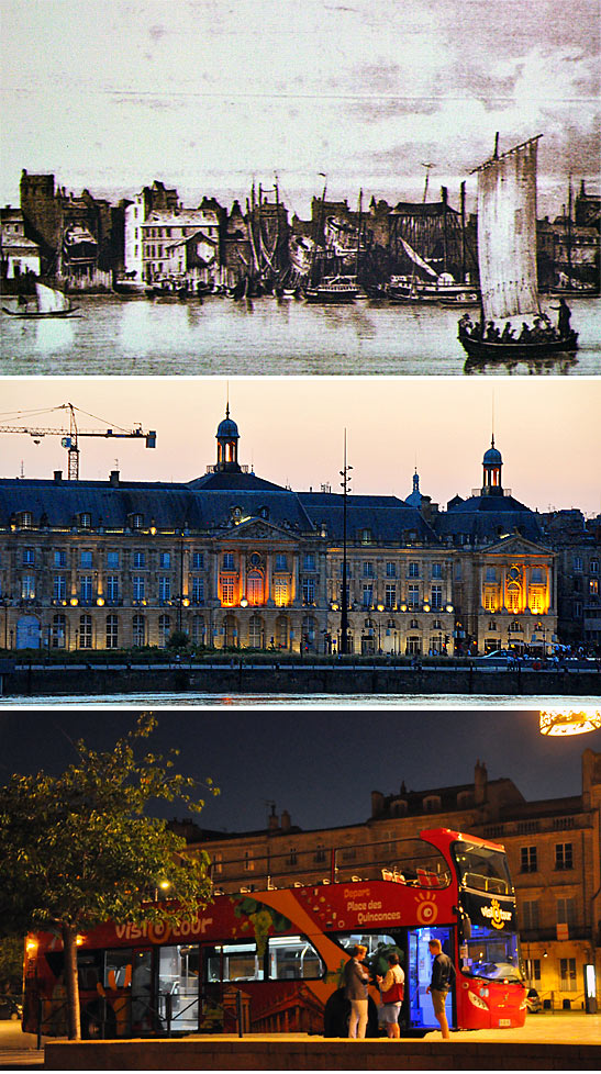 old painting of Bordeaux, the cty at night and an On-Off Tourist bus