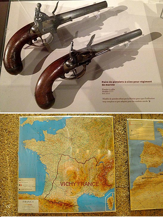 top: a pair of 1777 pistols refused by the Marine Regiment for naval warfare at the Aquitaine Museum; bottom: map of Vichy France at the Free French Museum in the Centre National Jean Moulin