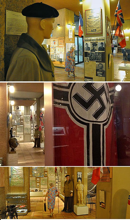 displays at the Free French Museum and an elder lady studying the exhibits