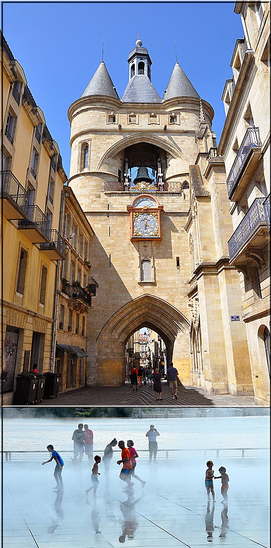 top: below the Grosse Cloche of Bordeaux and the old bell of the 15th century town hall; bottom: children at play at the shallow pool by the Garonne River bank