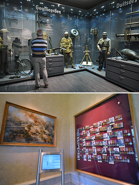 top - a display of WW2 British and German uniforms, equipment and weapons; bottom - medals of deceased or retired paratroopers