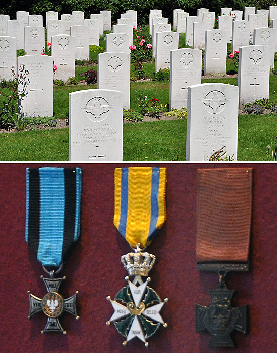 top - the war cemetery near the Oosterbeek railway station; bottom - military medals includes the Virtuti Militari of Poland, the Militaire Willemsorde of the Netherlands and the Victoria Cross of the UK