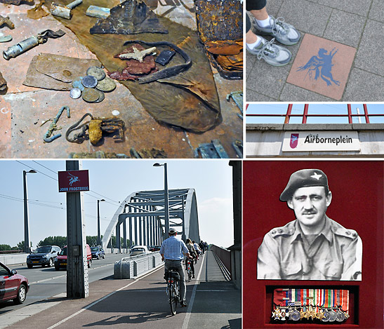 clockwise from top left: debris of war in the Airborne Museum basement, a tribute to British paratroopers near the Arnhem Bridge, the Arnhem Bridge and a wartime photo of Col. John Frost with medals and decorations
