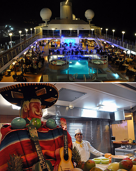 top: night scene by poolside on the Azamara; bottom: chef at kitchen for Mexico Night special dining event