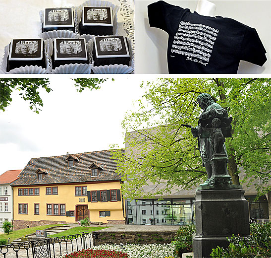 Bach chocolate cakes, T-shirt with a Bach composition and Bach's statue in front of railway station and museum in Eisenach