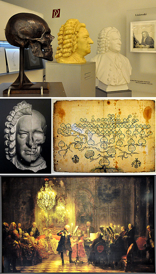 at the Bachhaus: an exhibit of a skull cast and sculptures of Bach, Bach's family tree as drwan up by Bach himself and an oil painting showing Carl Philipp Emanuel Bach performing with Frederick the Great