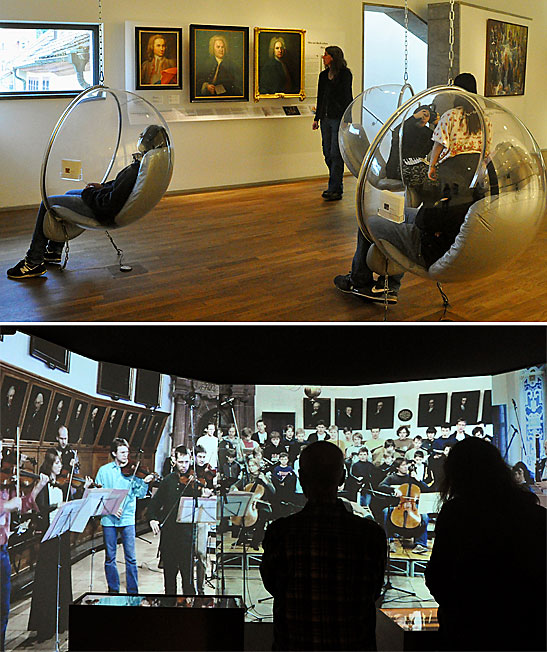 visitors listening to personal Bach recitals in bubble chairs; watching and listening to 3-dimensional film of orchestra performing - all at the Bachhaus