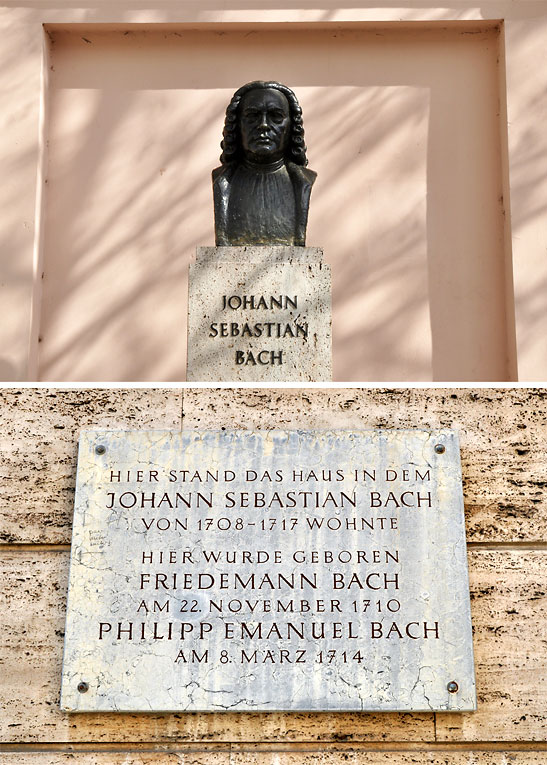 bust of Bach in front of the former location of his house in Weimar; inscription at the location of Bach's Weimar residence