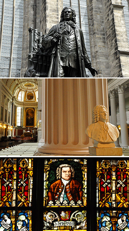 Bach's statue in front of St. Thomas Church, Leipzig; a bust of Bach in front of a pillar inside St. Thomas Church, Leipzig; stained glass window showing Bach