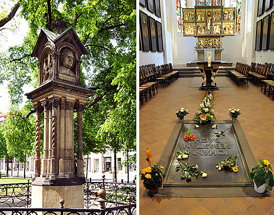 another Bach statue at a park in Leipzig; Bach's grave inside St. Thomas Church