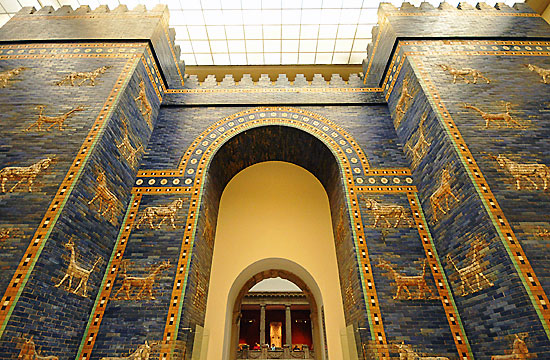 reconstruction of the Ishtar Gate in the Pergamon Museum, Berlin, showing bas relief dragons and aurochs