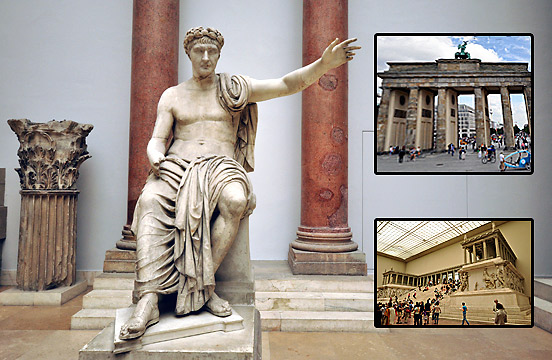 statue of sitting Roman Caesar; inset top - the Brandenburg Gate; inset bottom - the Pergamon Altar, Pergamon Museum