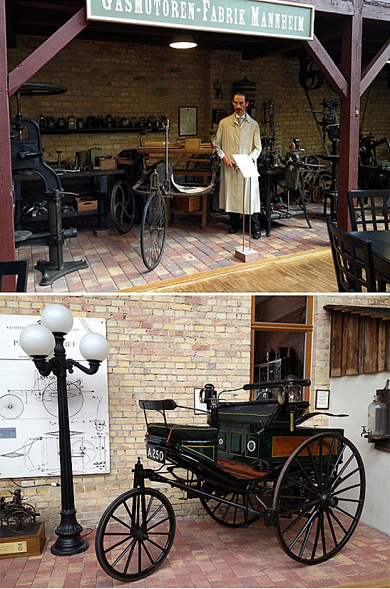 displays inside the Dr. Carl Benz Automuseum including the car Bertha Benz drove