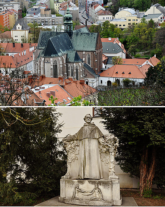 top: Old Town Brno; bottom: a statue of Gregor Mendel at his garden