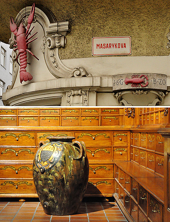 top: the original 1620 pharmacy on Masarkova Street, New Town, Brno; bottom: antique pharmacy at Spilberk Castle