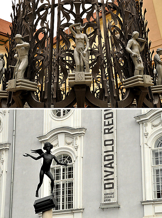 top: a series of figures showing the months of the year in the New Town Hall of Brno; bottom: an amusing statue of Mozart in a child's body and with angel wings at the New Town Hall