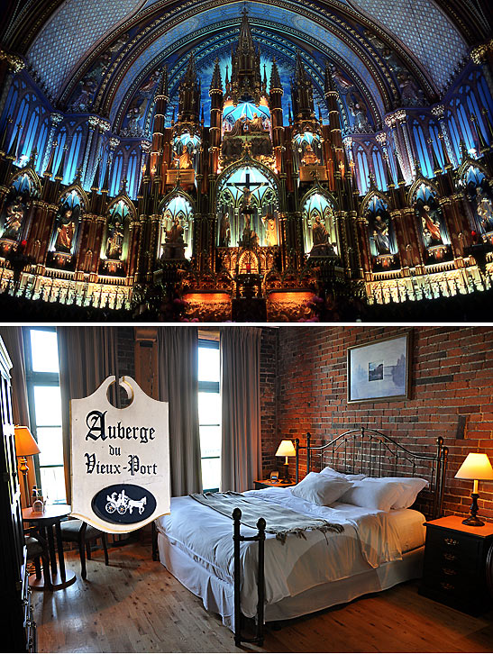 top: interior of the Notre Dame Cathedral, Montreal; bottom: a room inside the Auberge du Vieux-Port, Montreal