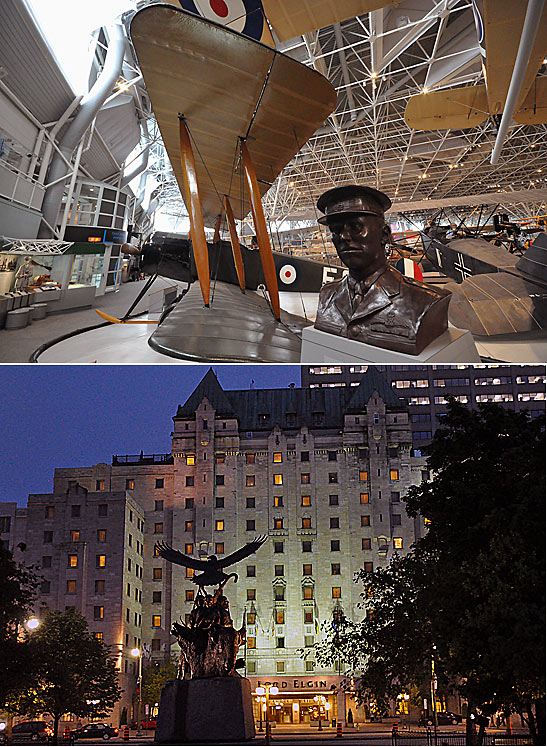 scenes from Ottawa - top: the aviation museum showing World War 1 planes and a bust of Maj. William George Baxter; bottom: the Lord Elgin Hotel at night