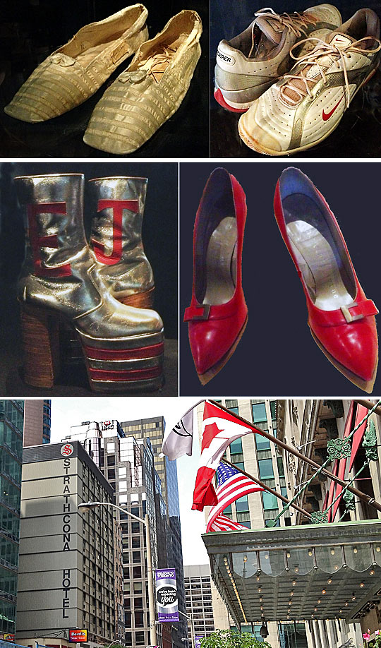 scenes from Toronto - top 2 rows: shoes at the Bata Shoe Museum; bottom: the Strathcome Hotel