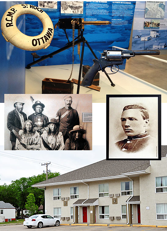 scenes from Regina, Saskatchewan - top: firearms display at the Royal Canadian Mounted Police Heritage Centre; inset: photographs from the RCMP; bottom: the Colonial Square Inn & Suites