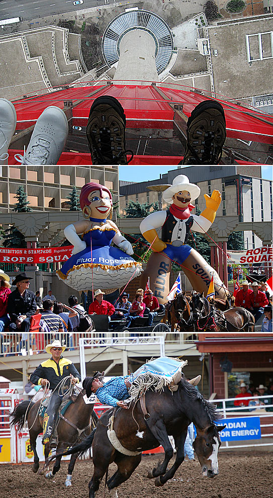 scenes from Calgary - top: looking down from the glass floor of Calgary Tower's observation deck; center and bottom: scenes from the Stampede