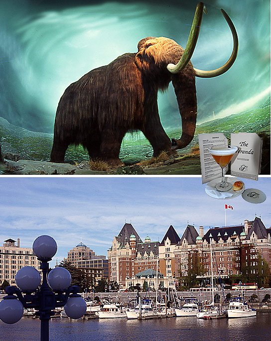 scenes from Victoria, BC - top: woolly mammoth at the Royal British Columbia Museum ; botoom: the Empress hotel