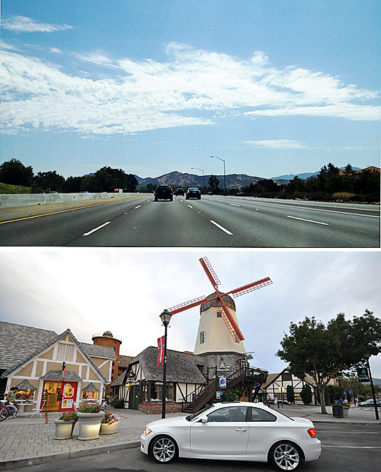 top: highway on the Central Coast; bottom: windmill in Solvang
