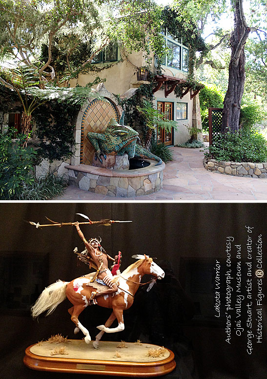 top: a cottage at the Emerald Iguana, Ojai; below: sculpture of a Lakota warrior on a horse at the Ojai Valley Museum