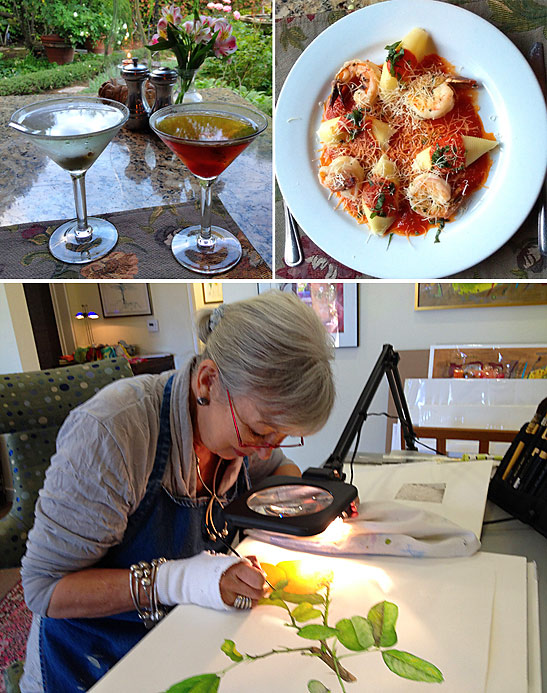 top: Manhattan, Martini and pasta at Suzanne's 
          Cuisine; bottom: artistic psychotherapist Renate Collins Hume at work