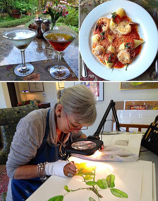 top: Manhattan, Martini and pasta at Suzanne's 
          Cuisine; bottom: artistic psychotherapist Renate Collins Hume at work