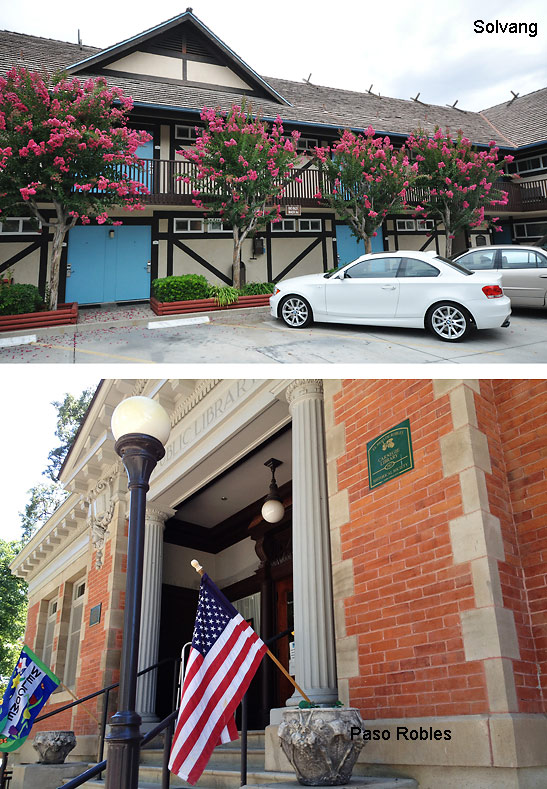 top: an inn at Solvang; bottom: Andrew Carnegie Library in Paso Robles